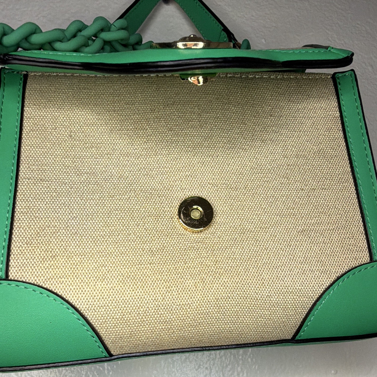 ALDO Beige/Green Satchel Top Handle Bag Magnetic Close, Chain Logo, Gold HW