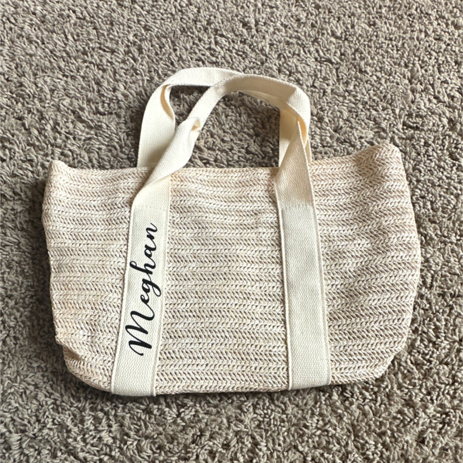 Woven Natural Tan Tote Bag Strap Accent Magnetic Closure Hot Stamped Initials W…