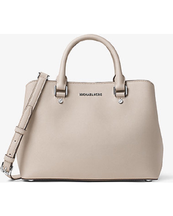 New Michael Kors Savannah Saffiano Leather Large Satchel cement silver bag tote