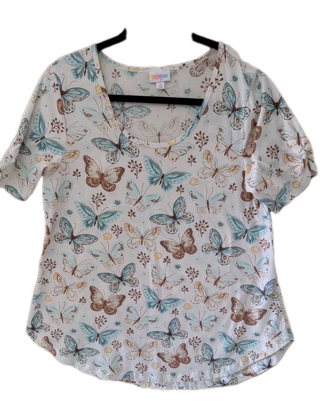 Lularoe Long White w/Blue/Brown Butterflies Scoop Neck Tee Sz M Womens Whimsy