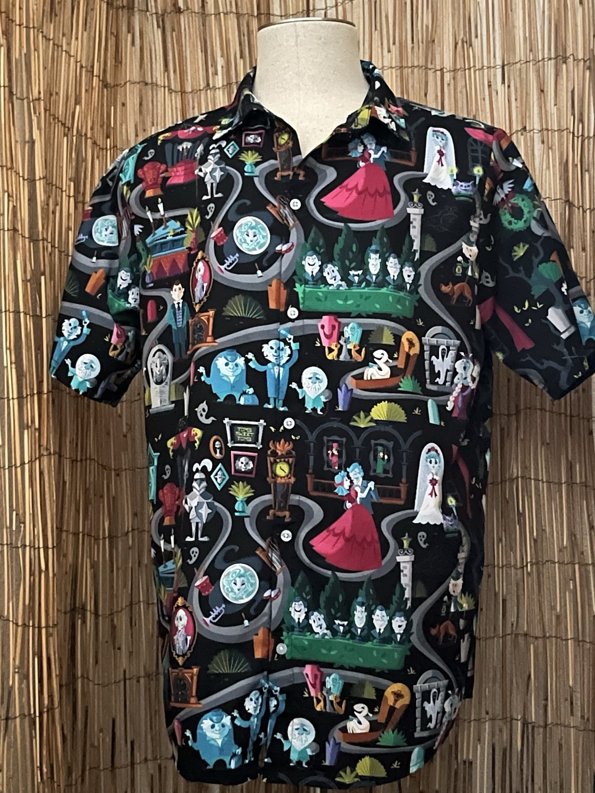 Garment One Mens SS Button Up Haunted Mansion Themed Shirt-Medium-Poly Spandex