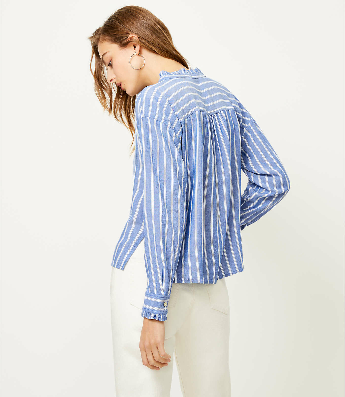 Loft Preppy Shirt Blouse Blue Striped Ruffle Trim Silky Rayon NEW XXS-XXL