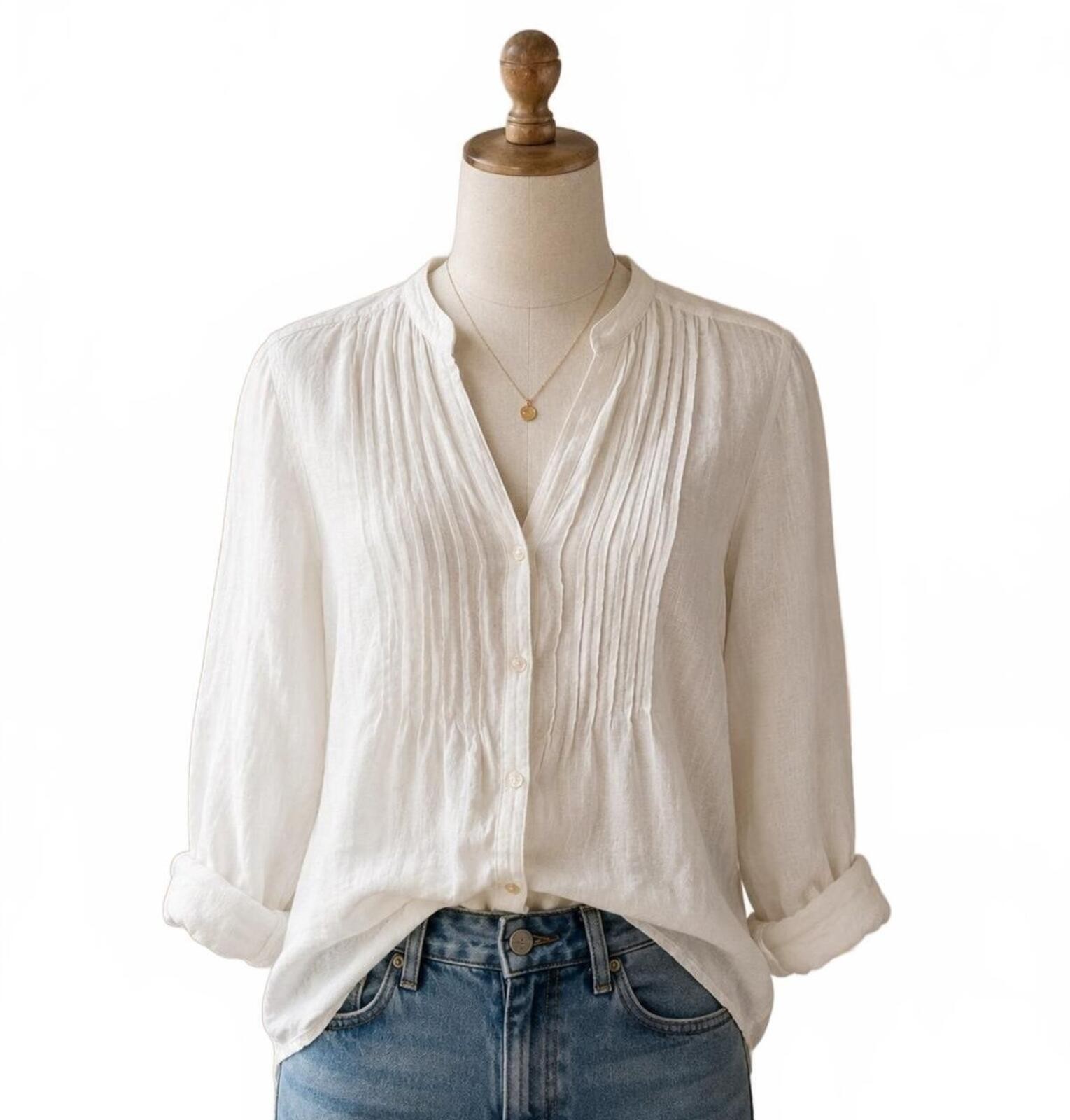Armani Collezioni White Linen Blend Pintuck Blouse Size 10 / IT 46 Made in Italy