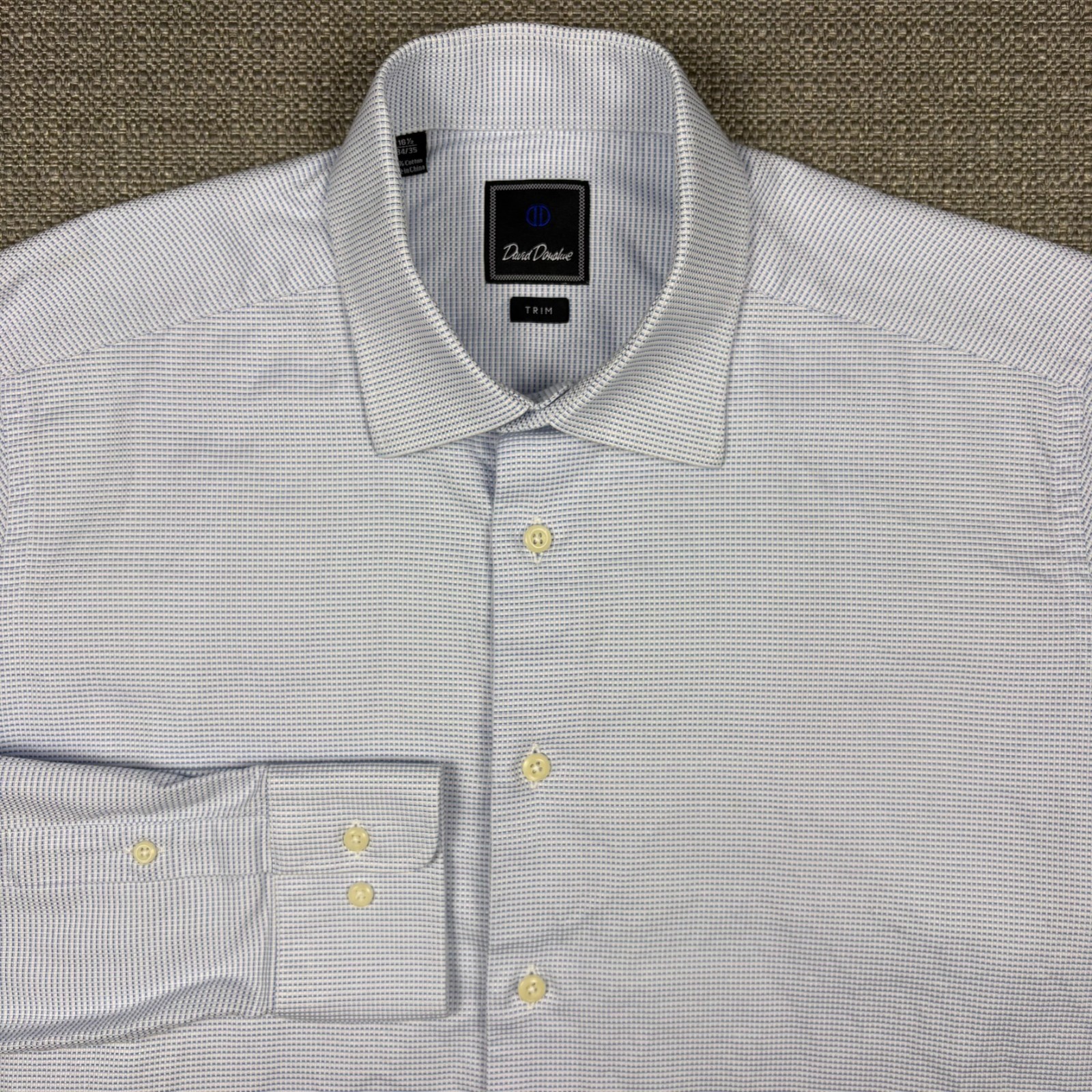 David Donahue Mens Shirt 16.5 16 1/2 34 35 Long Sleeve White Blue Cotton Trim