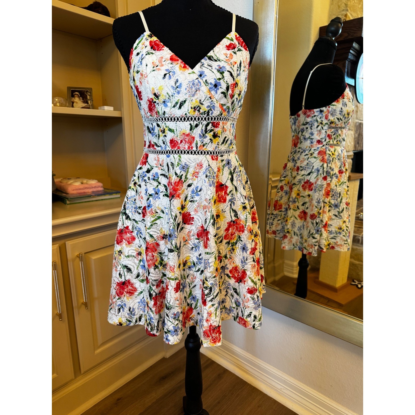 Blue Rain Floral Lace Fit & Flare Dress White Multicolor Cutout Waist Small