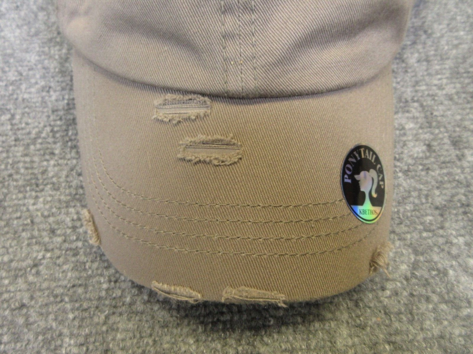 Kbethos Ponytail Hat Cap Hook And Loop Strap Back Gray Distressed Womens NEW NWT
