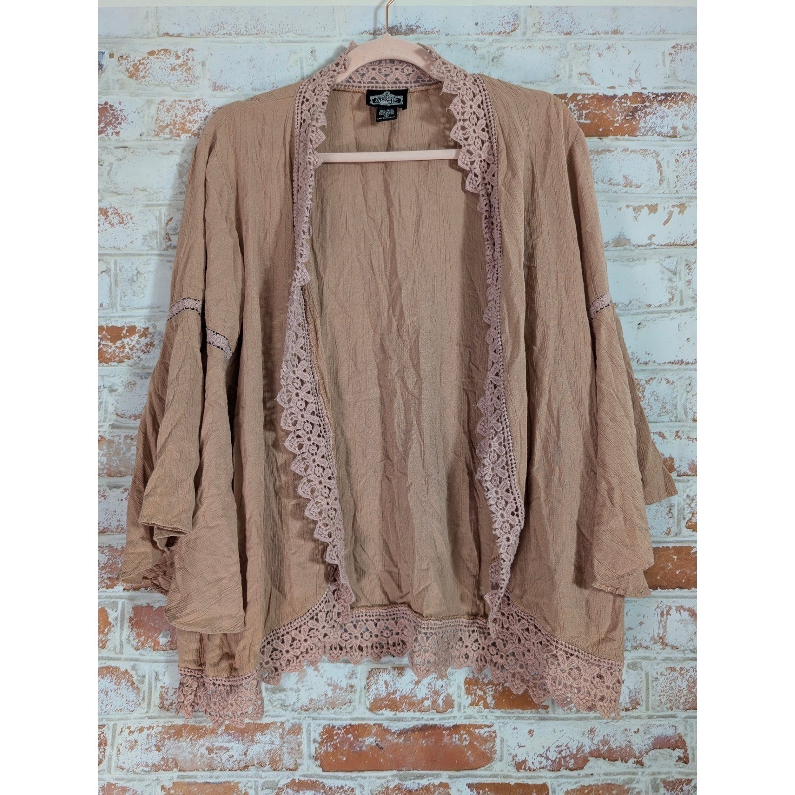 Angie Kimono Cardigan Womens Small Pink Crochet Lace Boho Crinkle Gauze Festival