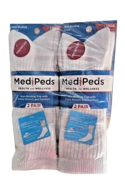 4 PAIR MediPeds Premium Diabetic Cool Max Crew Socks Large Men 7-12 Women 10-13