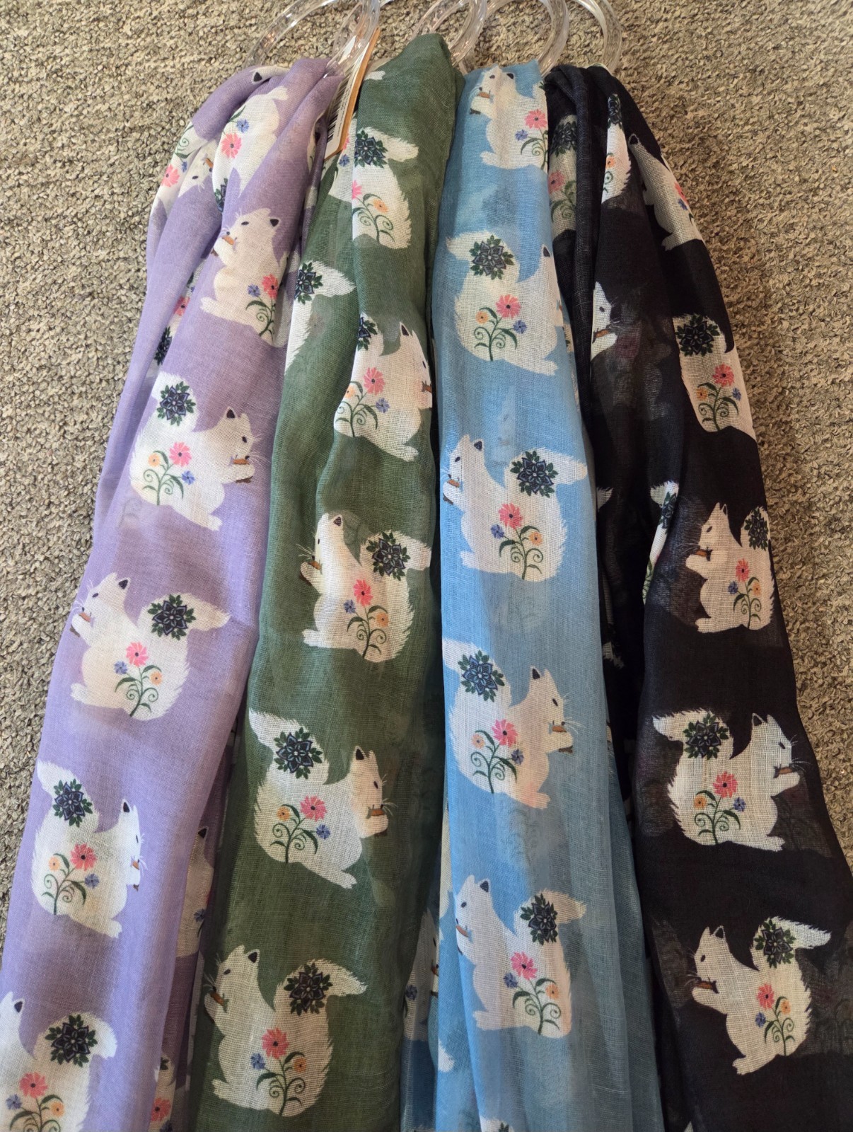 Floral White Squirrel Scarf – Lightweight Designer Wrap 72×28 Inches