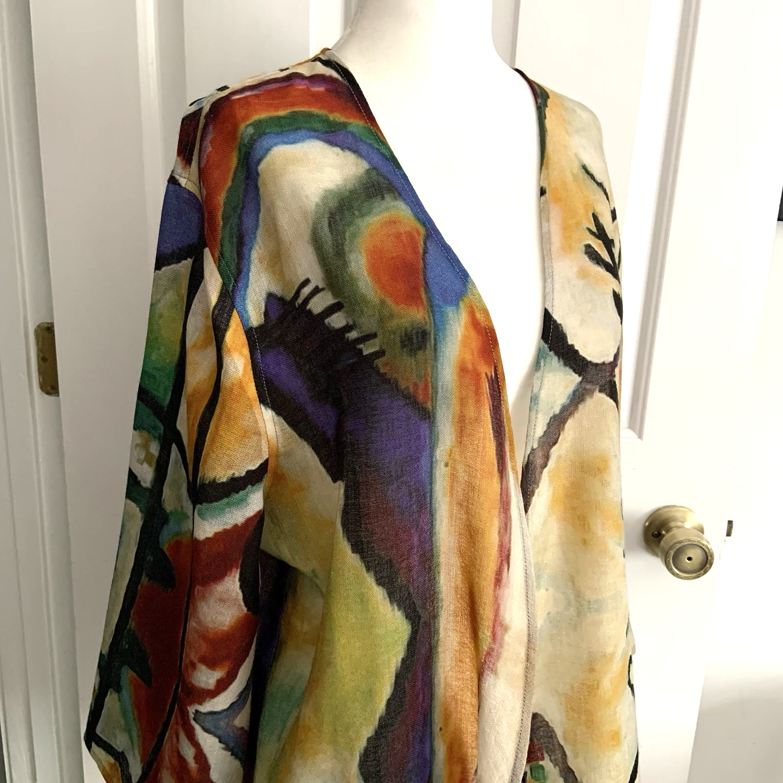 Tao House Open Cardigan 100% Sheer Wool L/XL Hand Printed Abstract *Sm FLAW