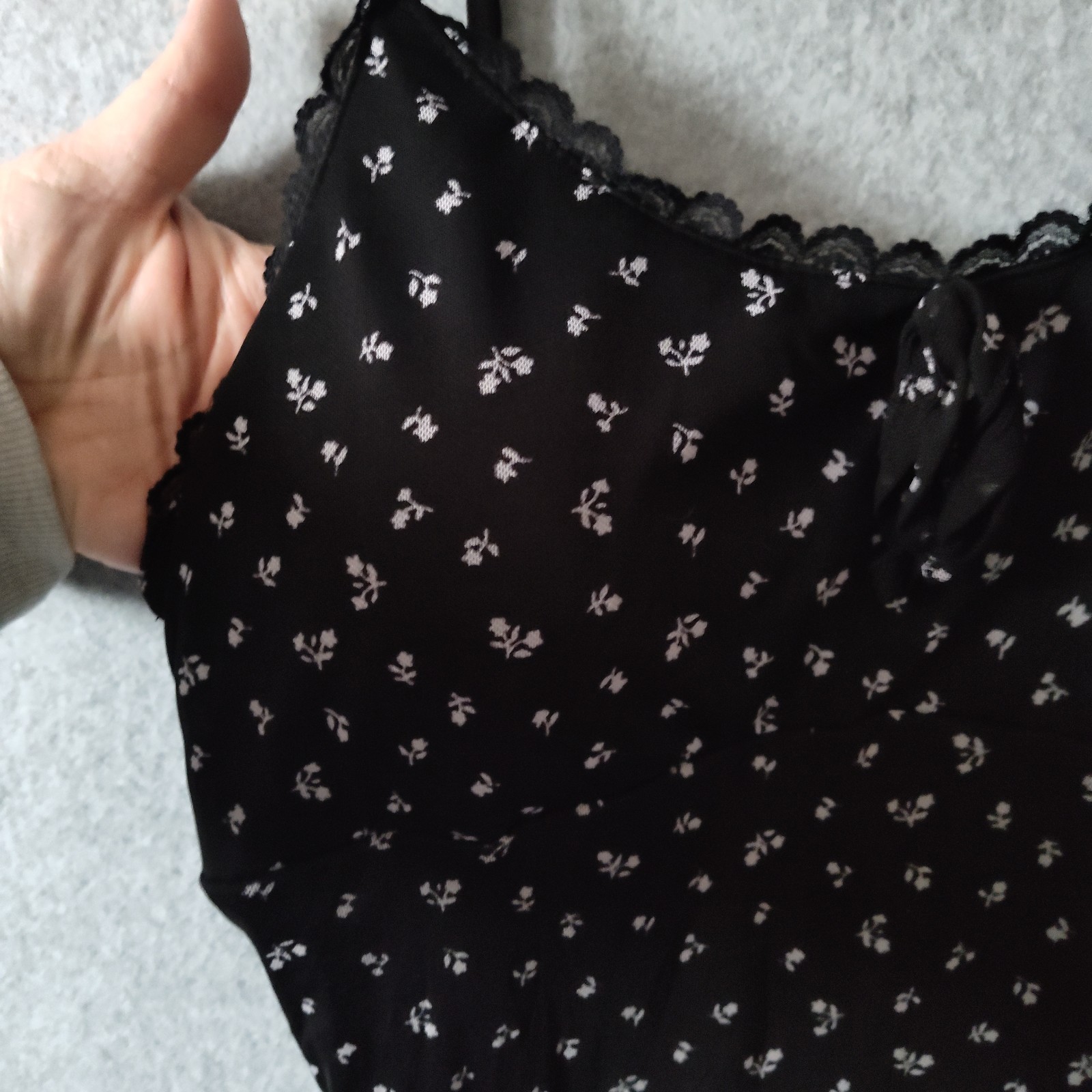 Black Floral Dress Empire Waist Thin Strap Sz L (12-14) Grunge Boho Fairy Twee