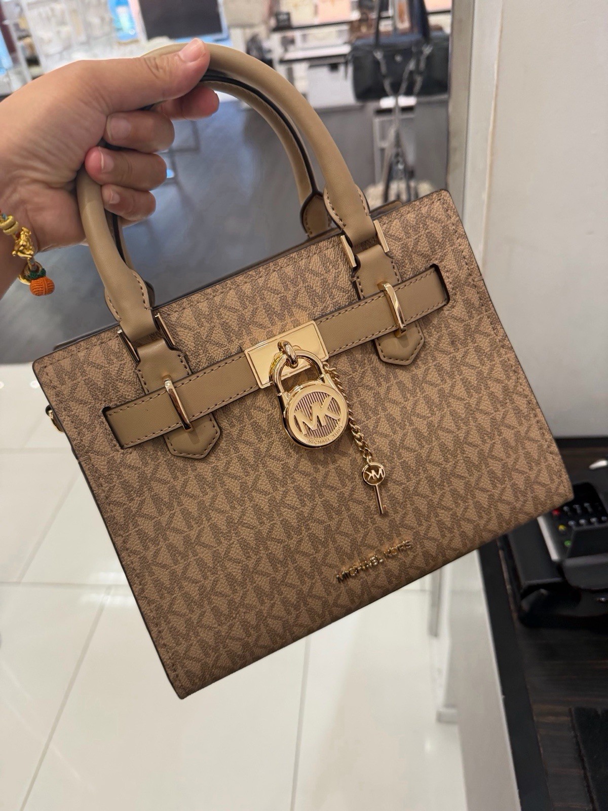 Michael Kors Small Brown Beige Monogram Top Handle Satchel Gold Hardware Lock