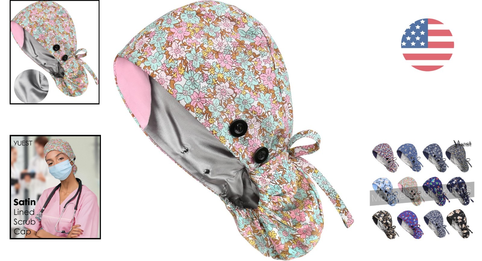 6 Floral Cotton & Satin Lined Scrub Caps for Women – Perfect for All Occasions