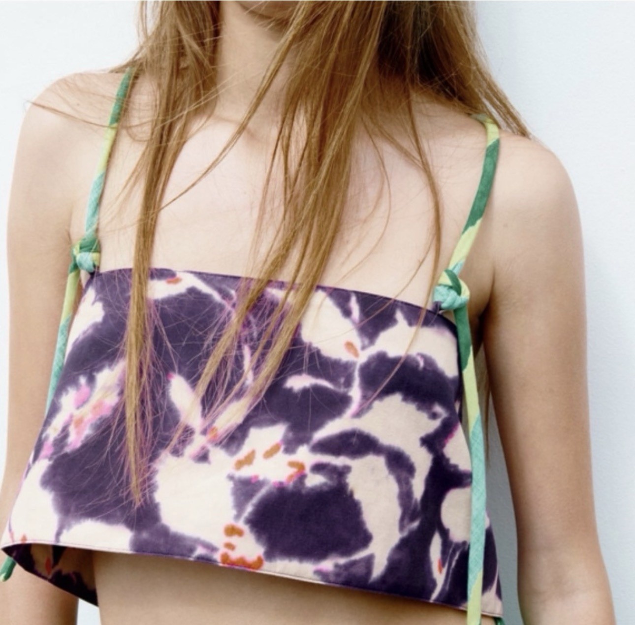 ZARA FLORAL LINEN BLEND TIE DYE Summer CROP TOP Small Purple Green NWOT