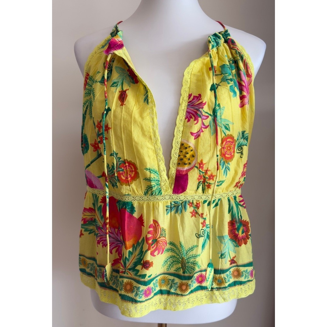 NWOT Farm Rio Yellow Tropical Fruit Print Halter Top Lace Trim Peplum Size XL