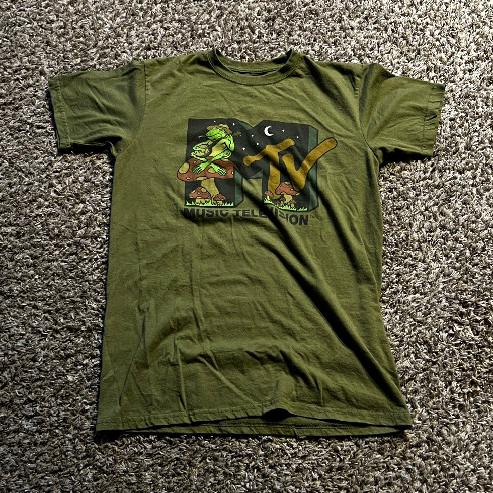 MTV Double-Sided Frog Graphic T-Shirt Mens M Green Cotton Knit Crew Neck