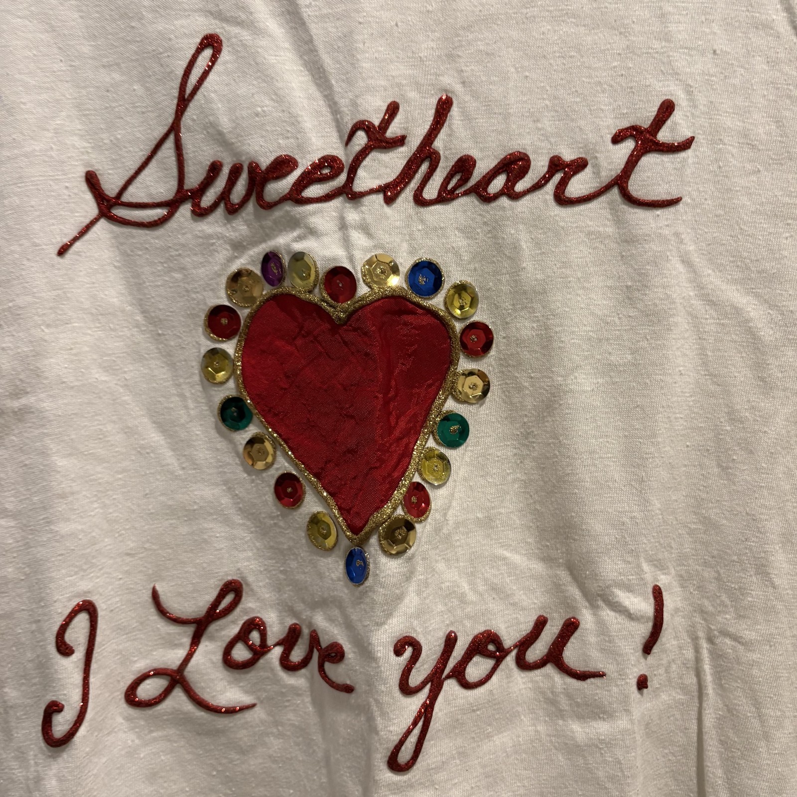 Vintage Sweetheart Shirt Large White Sequin Love Valentines Single Stitch 90s