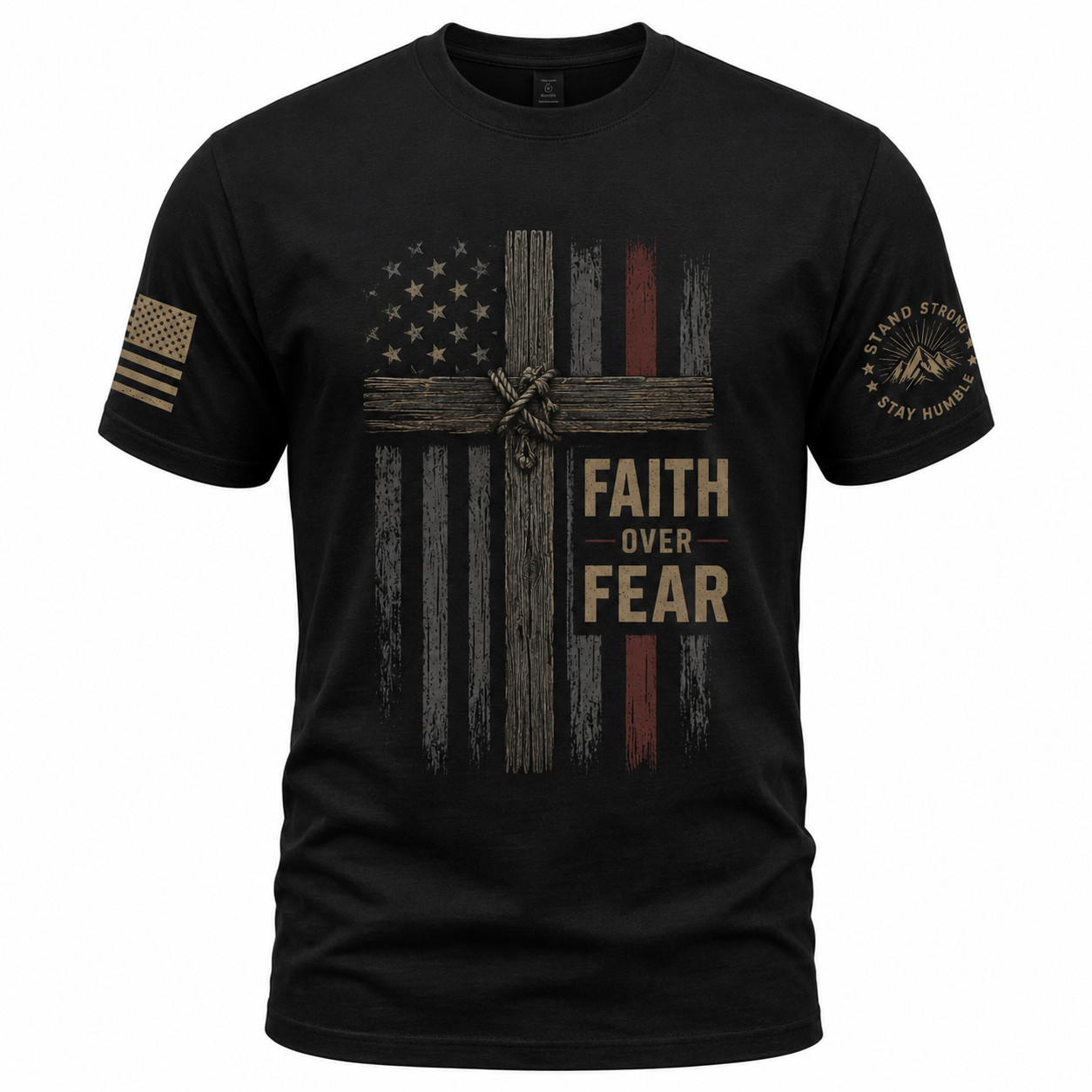 Faith Over Fear Christian Cross T-Shirt Vintage American Flag Religious Tee