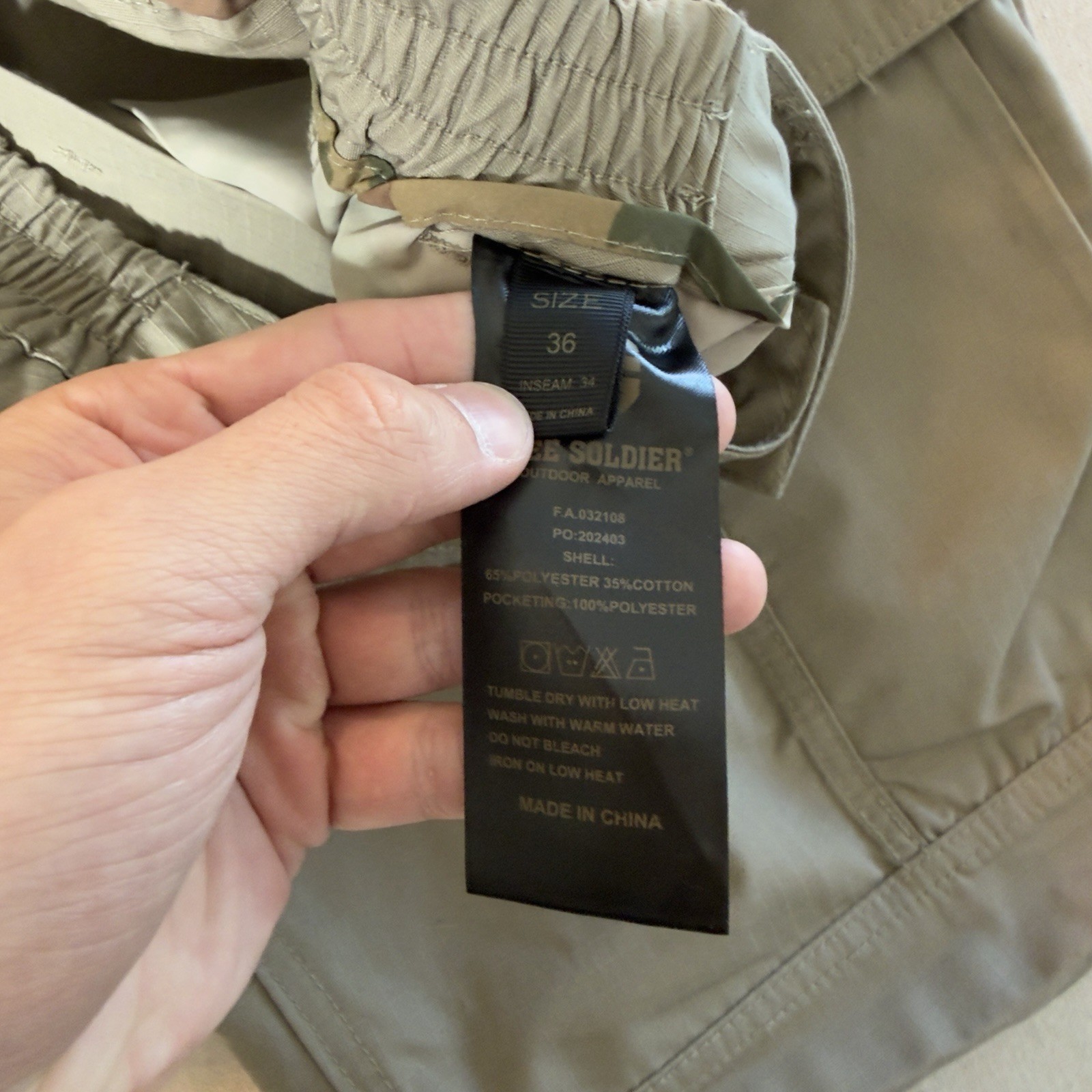 Free Soldier Men’s Beige Ripstop Cargo Pants Straight Leg Elastic Waist 36