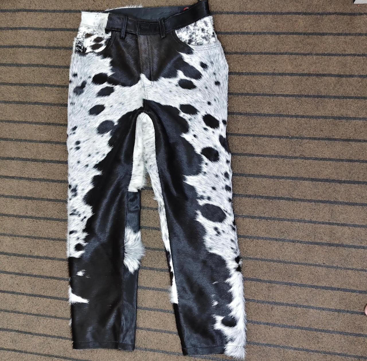 Cowhide Leather Western Pants: Brown & White Fur, Rodeo Style