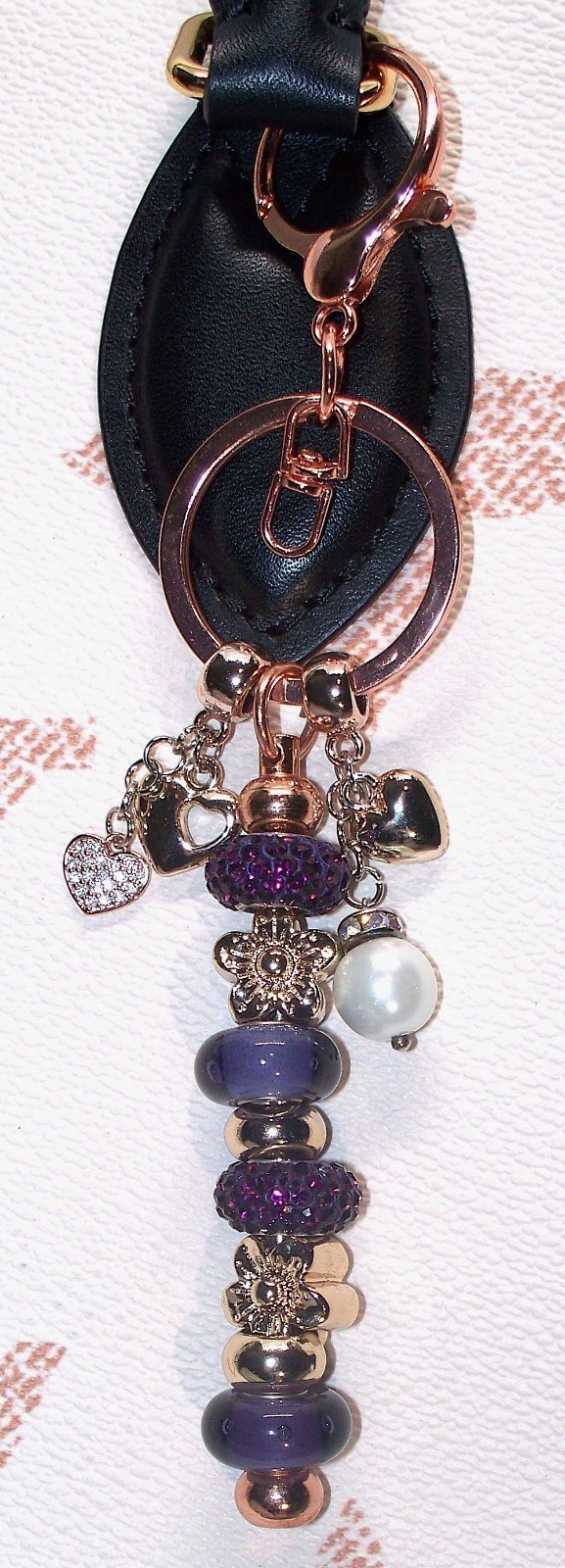 Purple Rose Gold Purse Charm Keychain Hearts Murano Flower Rhinestone Bag Charm