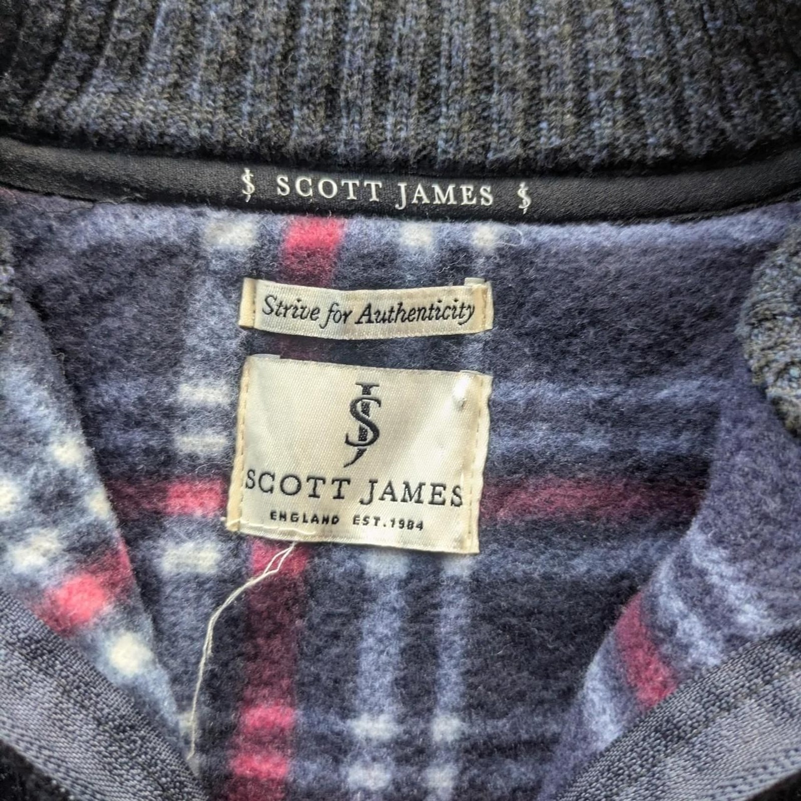Scott James charcoal grey quarter zip sweater with quilted shoulder panels and p