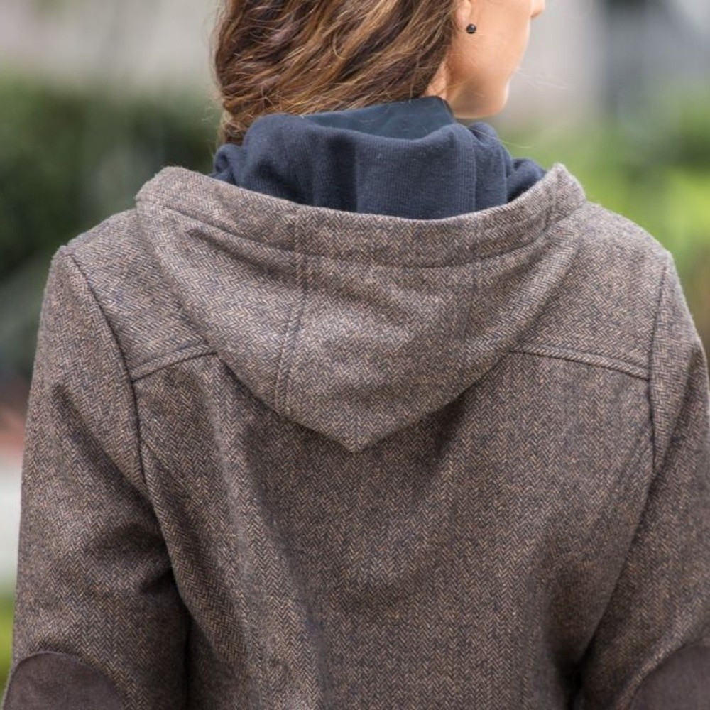 Betabrand Herringbone Academic Zip Front Hoodie Jacket Wool Brown Elbow Patches