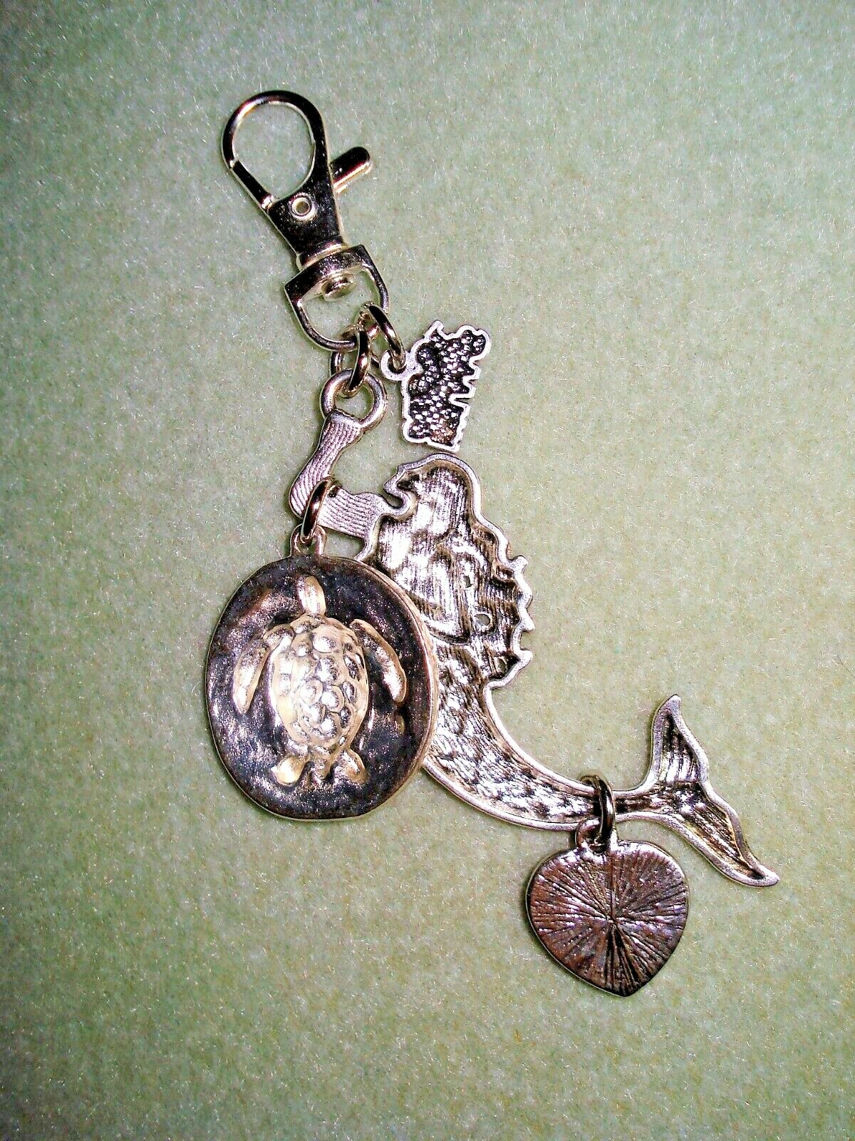 4 3/4″ Drop Mermaid, Sea Turtle, Heart “Swim” Charm Silver Plate Key Ring Glitz