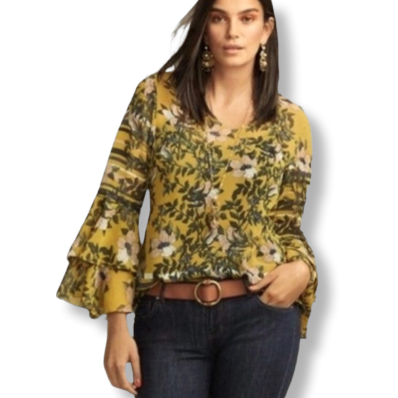 Cabi Women Spring Scene Yellow Floral Blouse Top XL Career Casual Boho Chic FLAW