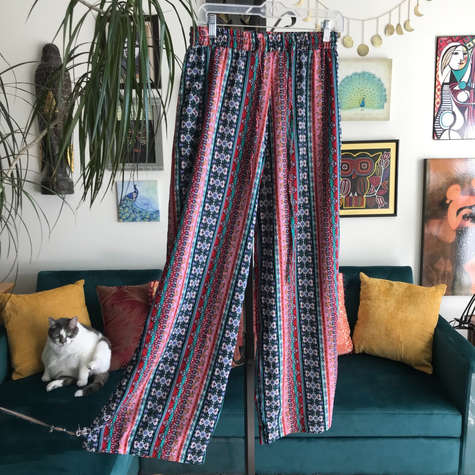 ELAN size L Colorful Bohemian Print Pull-On Drawstring Wide Leg Pants Boho