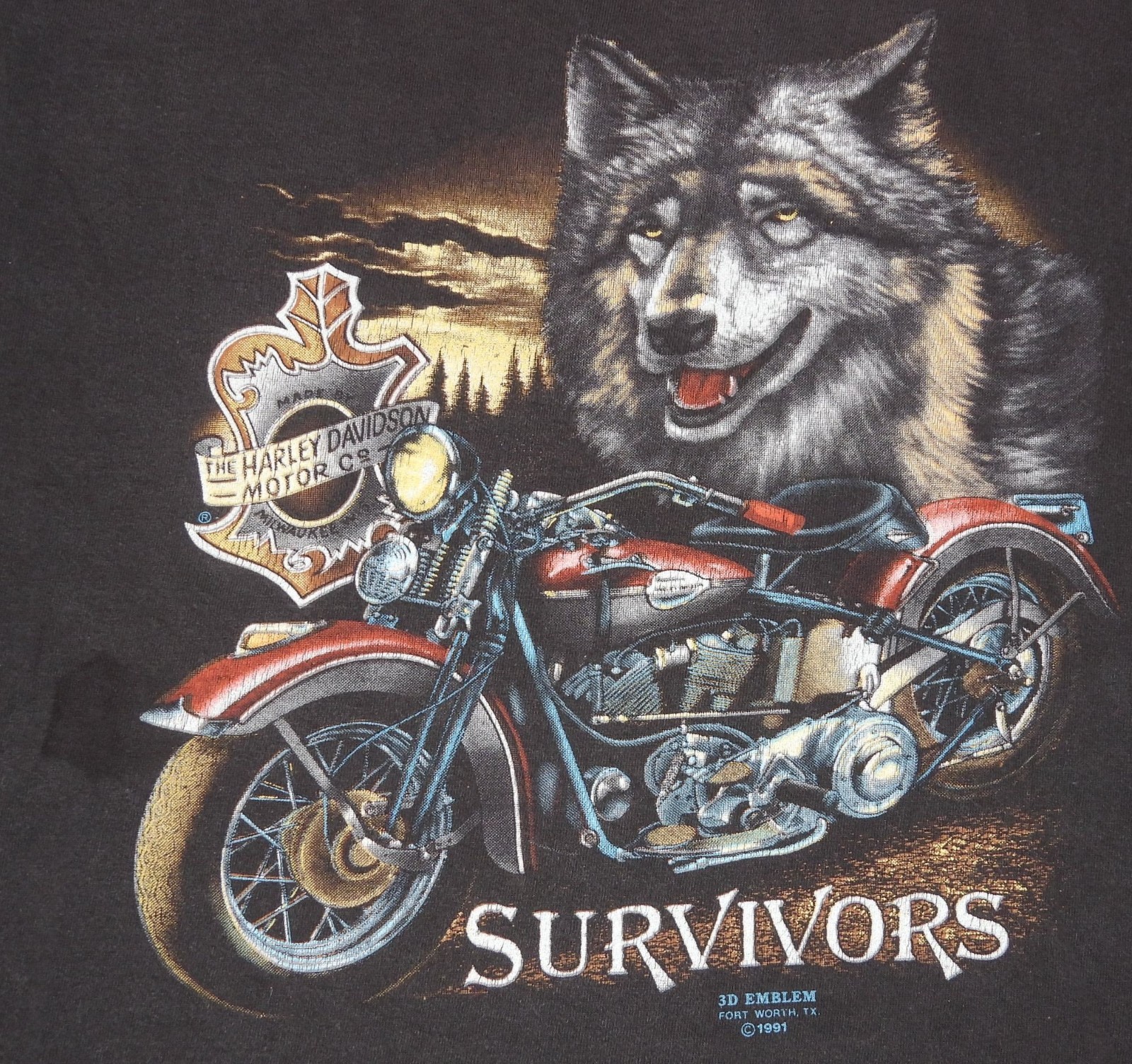 Vintage 1991 Harley Davidson 3D Emblem Survivors Wolf T-Shirt Men’s Size XL