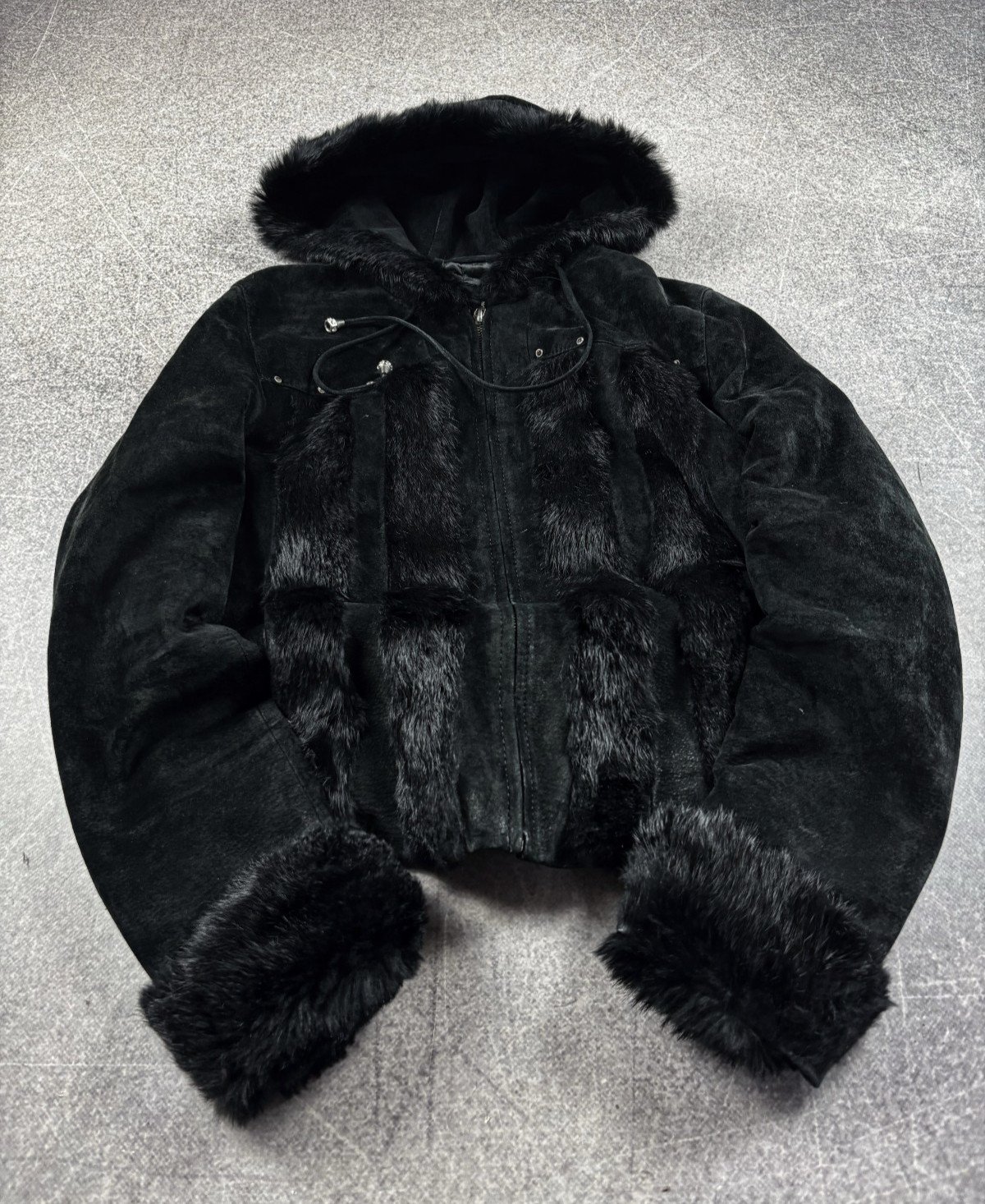 Vintage 80-90s Suede Fur Trim Hooded Jacket Genuine Leather Winter Y2K Luxury
