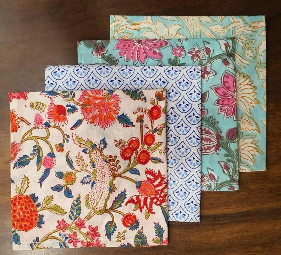 Assorted Cloth Napkins Set Hand Block Floral Printed Cotton Dinner Table Napkins