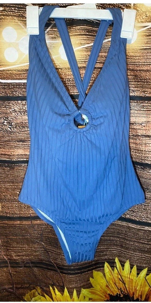 Women’s Wide Ribbed Ring Medium Coverage One Piece Swimsuit – Kona Sol Slate M