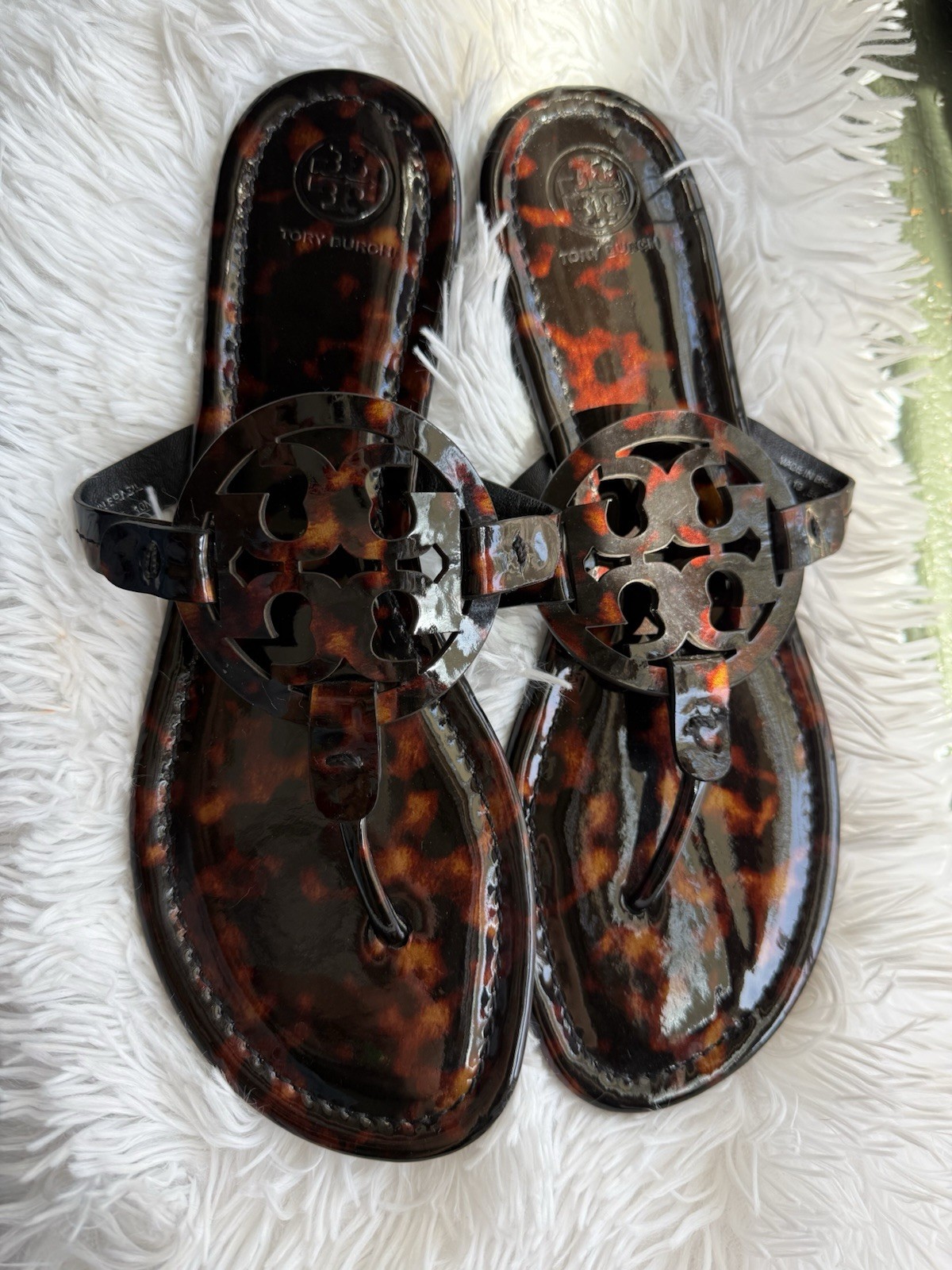 Tory Burch Tortoiseshell Patent Logo Sandals – Black/amber- 10- NEW RARE