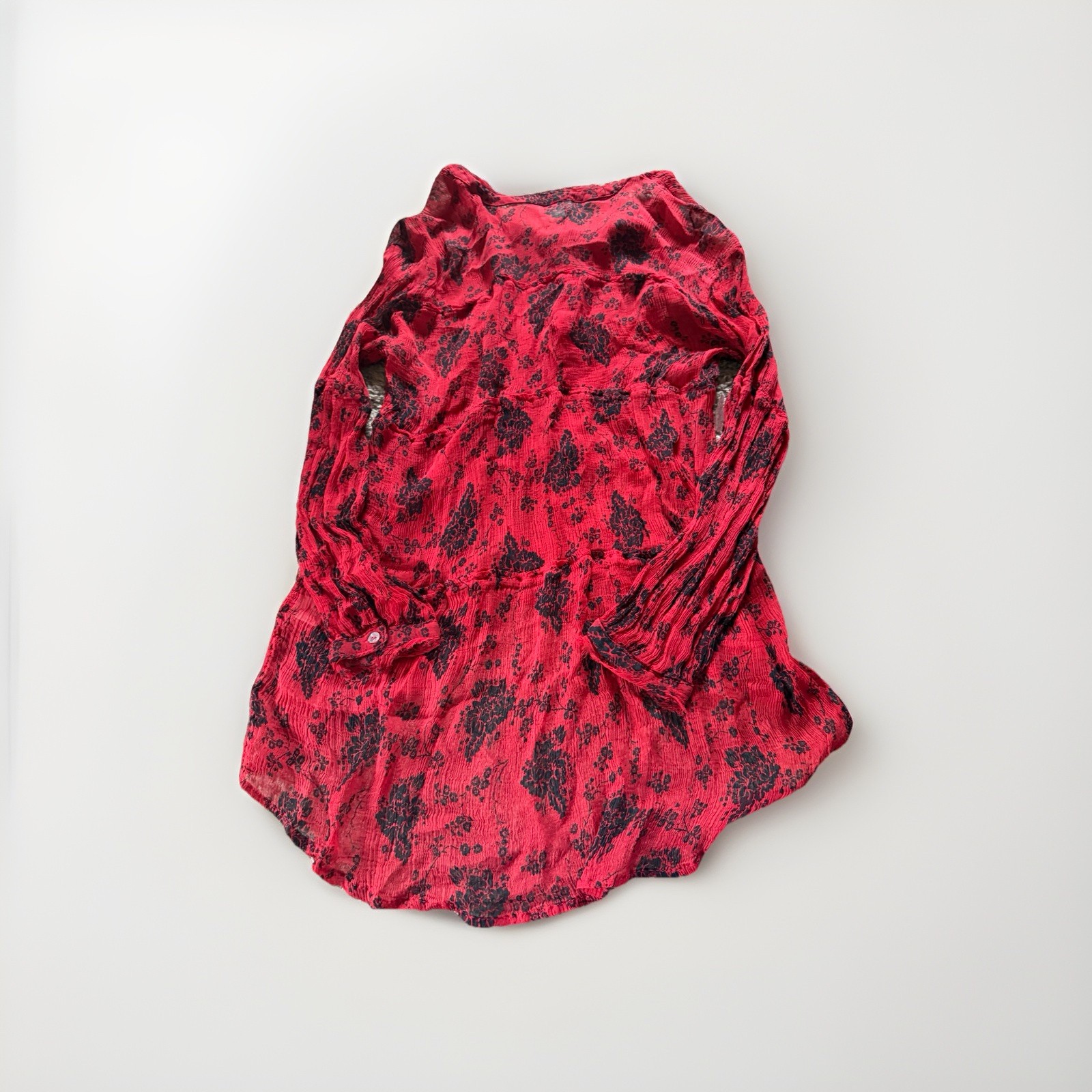 Sundance Size Medium Elodie Black Red Floral Tiered Blouse Top Button Sheer