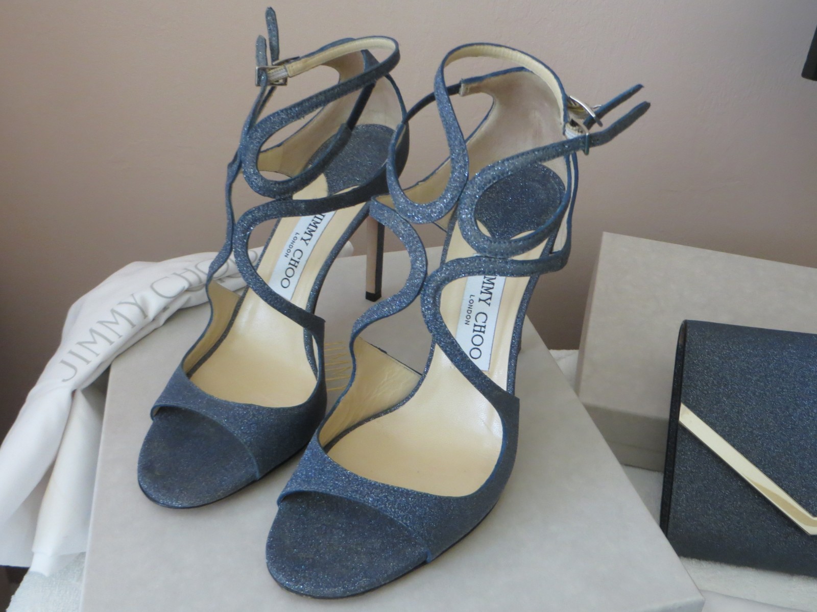 Pre-Owned Jimmy Choo Blue Fine Glitter Strappy Lang Sandal Heels 39M