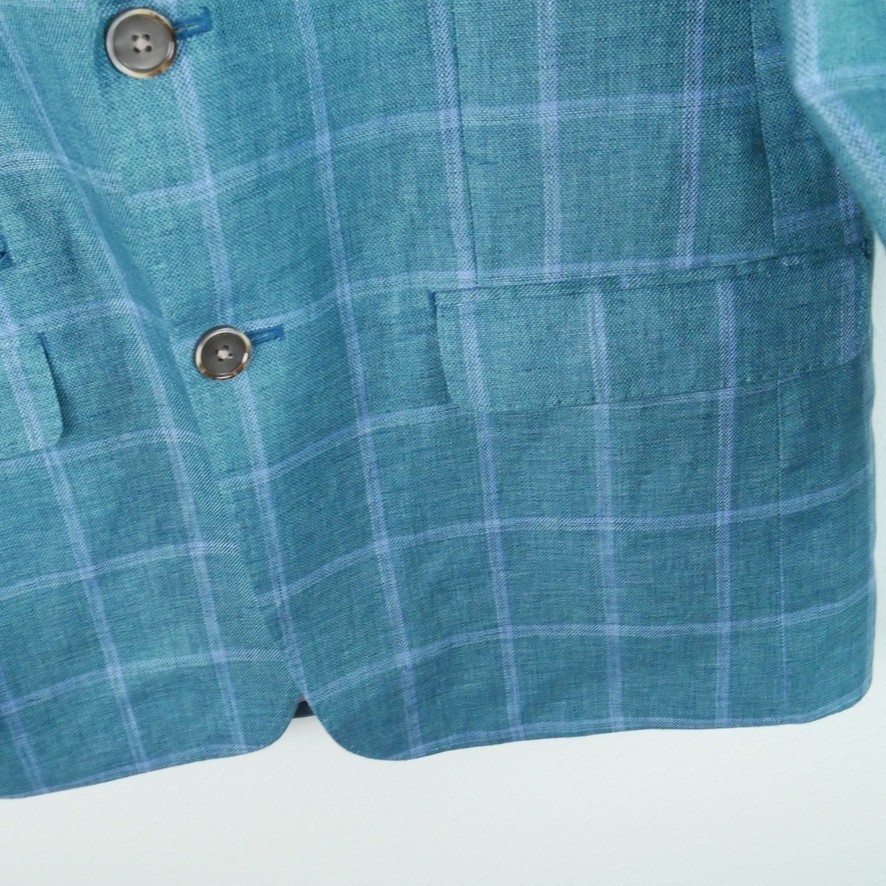 Tallia Men’s 100% Linen Teal Blue Windowpane Plaid Sport Coat Jacket Blazer 40R