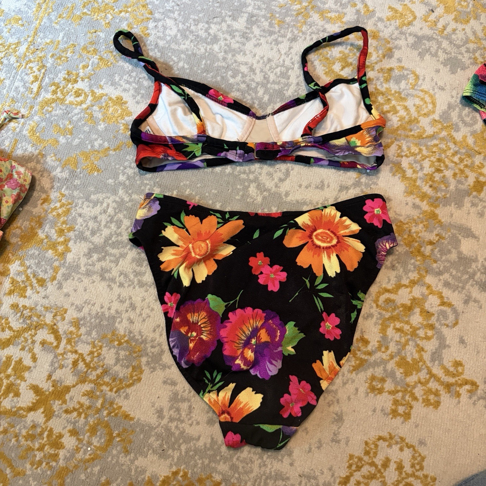 Vintage 1990s Black Neon Floral Bikini High Cut S/M