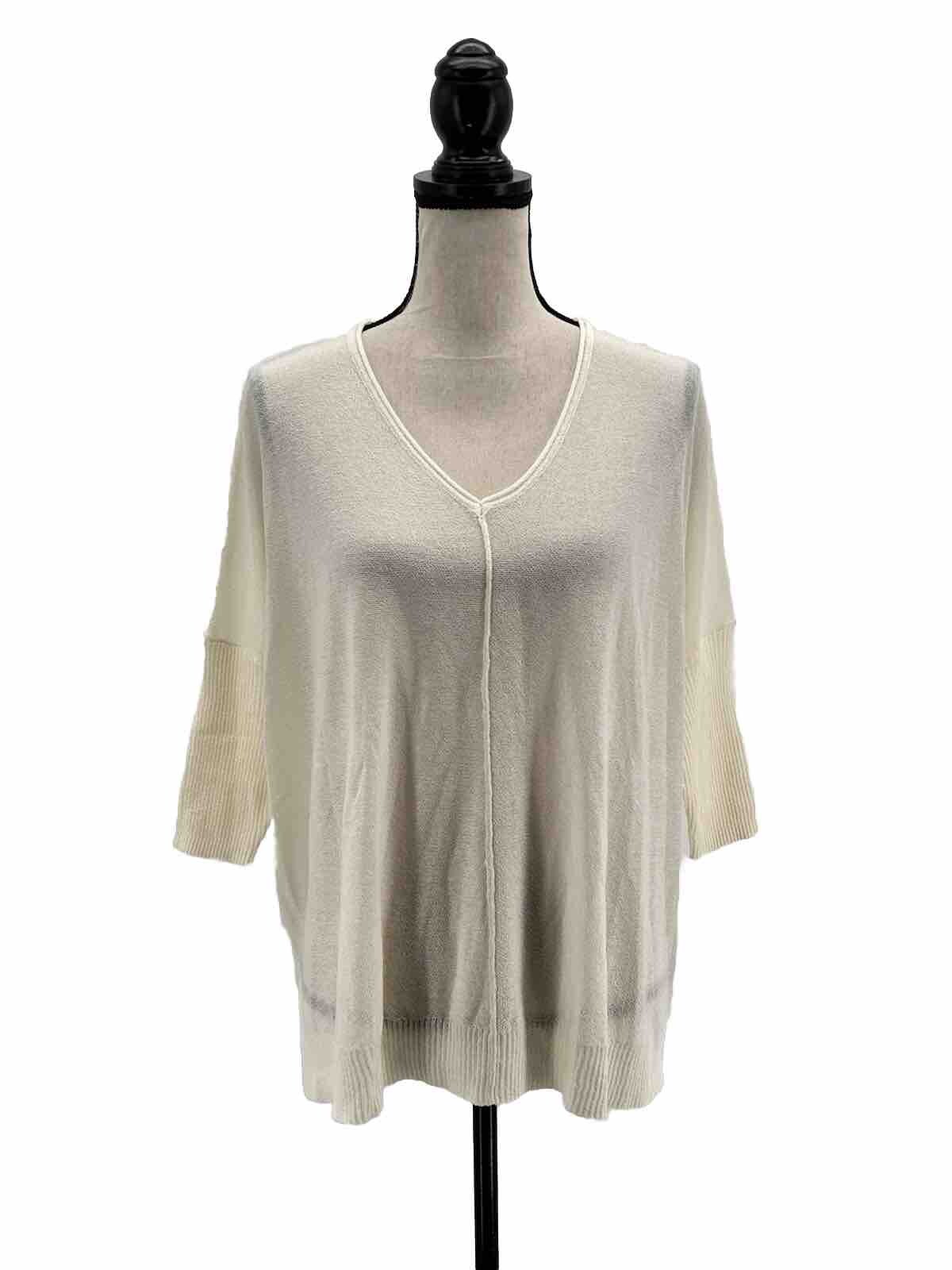 Wynne Layers Womens Sweater Ivory Small Batwing 3/4 Sleeve V Neck Boxy Fit