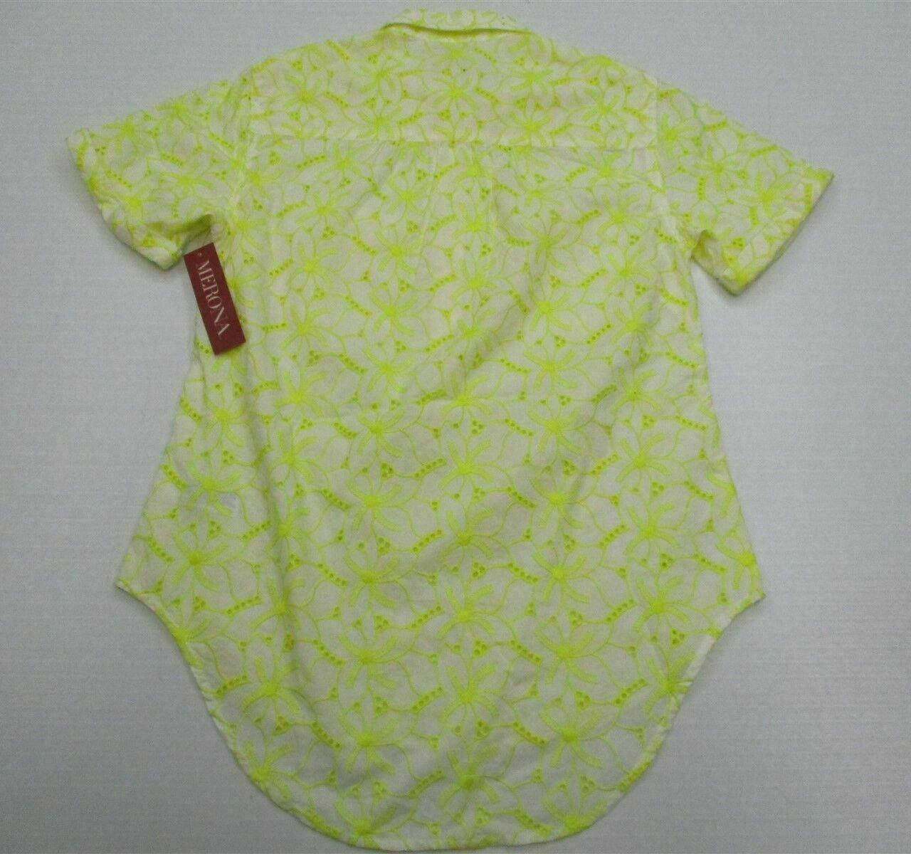 new MERONA #T8223 Women’s Size XS 100% Cotton Floral Tropical Yellow Dress Shirt