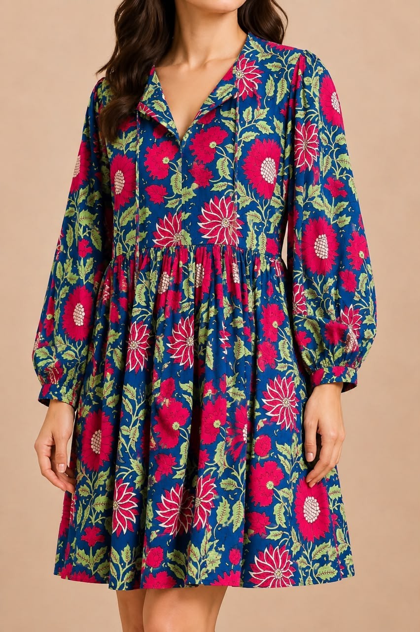 Blue Summer Cotton Maxi Dress, Floral Block Printed Women Cotton Dress, Dresses