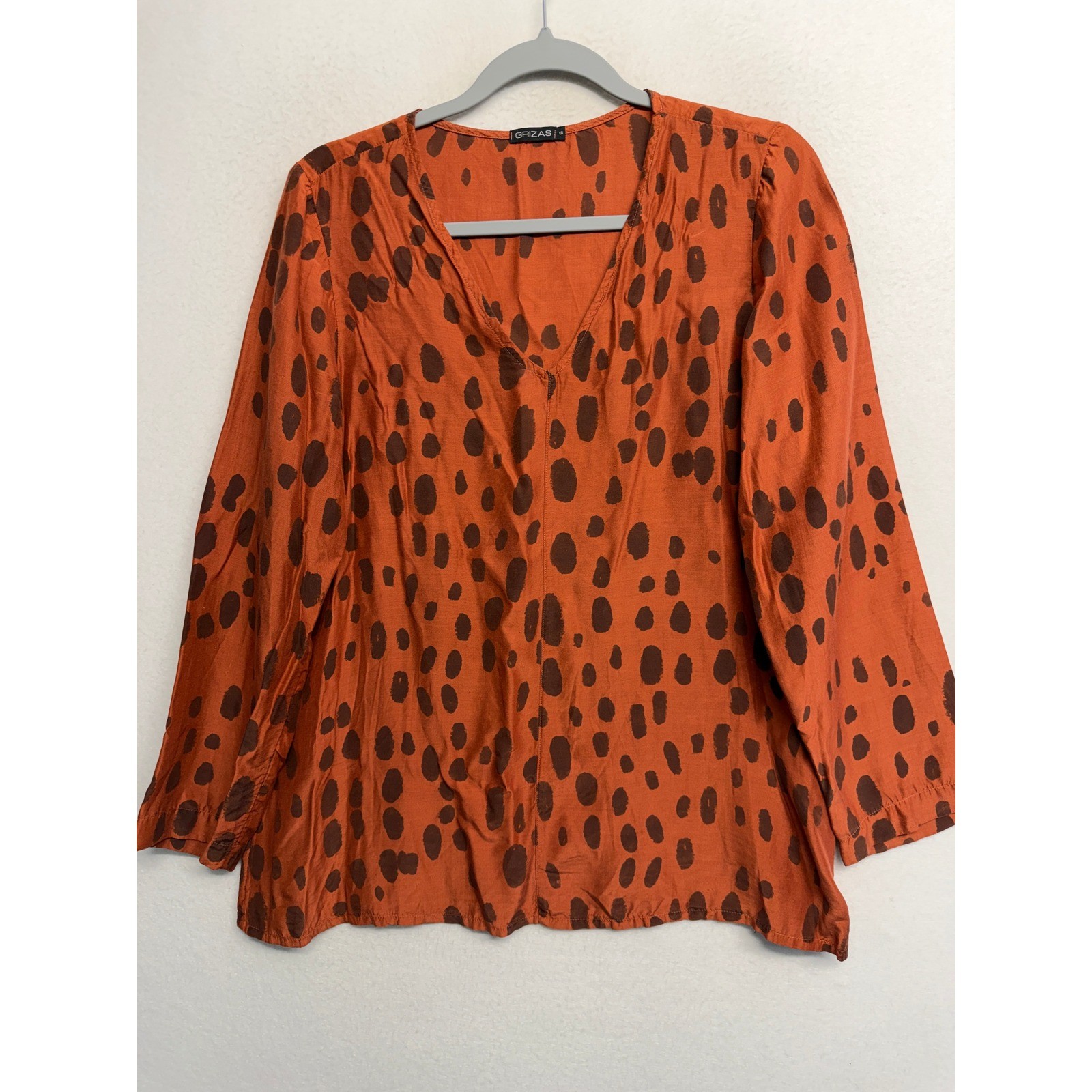 Grizas Silk Bamboo V-Neck Blouse Orange Brown Polka Dot Print Top Small