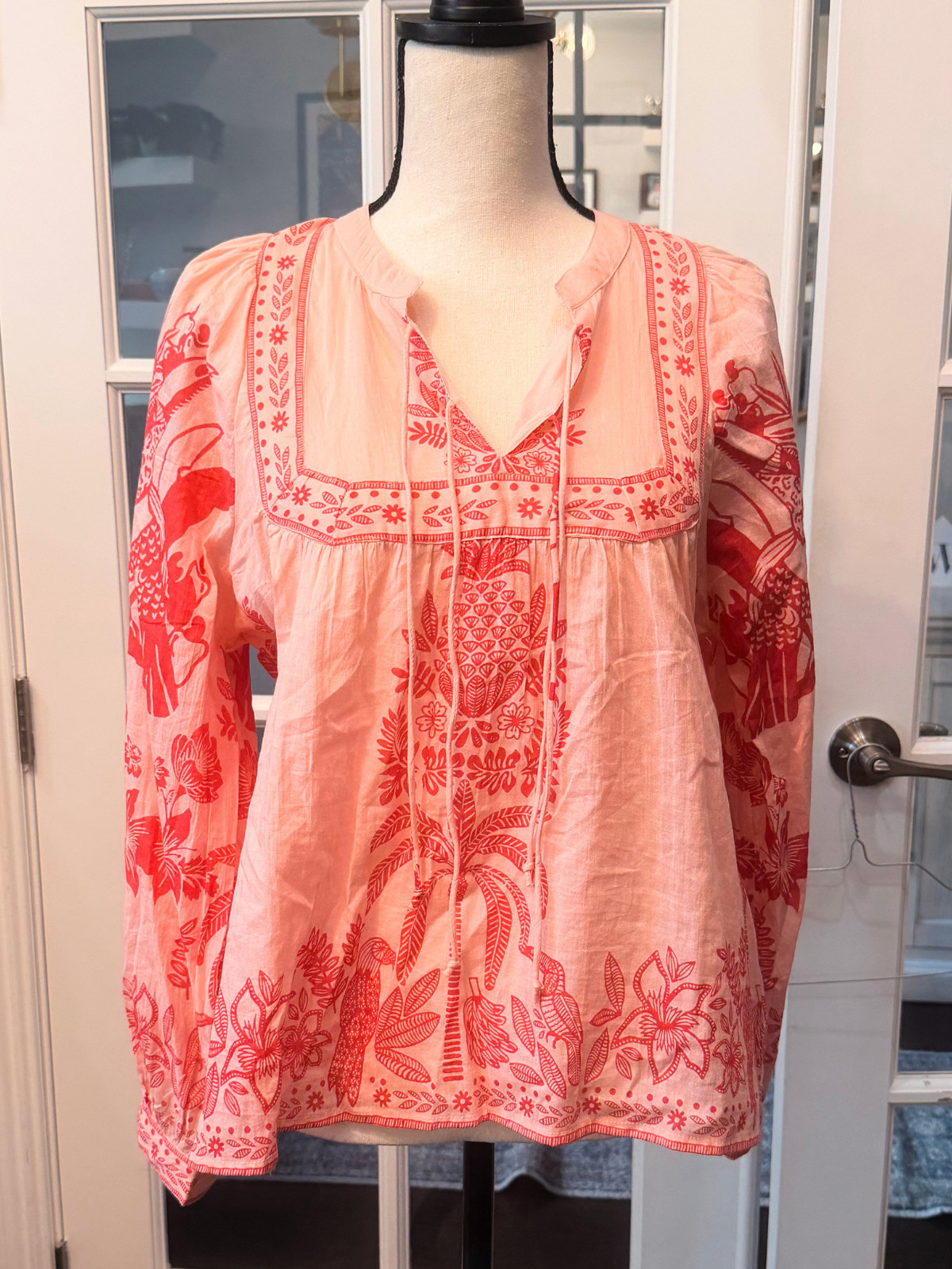 Calypso St. Barth Womens Boho Peasant Beach Blouse Top Peach Palm Tree Design M