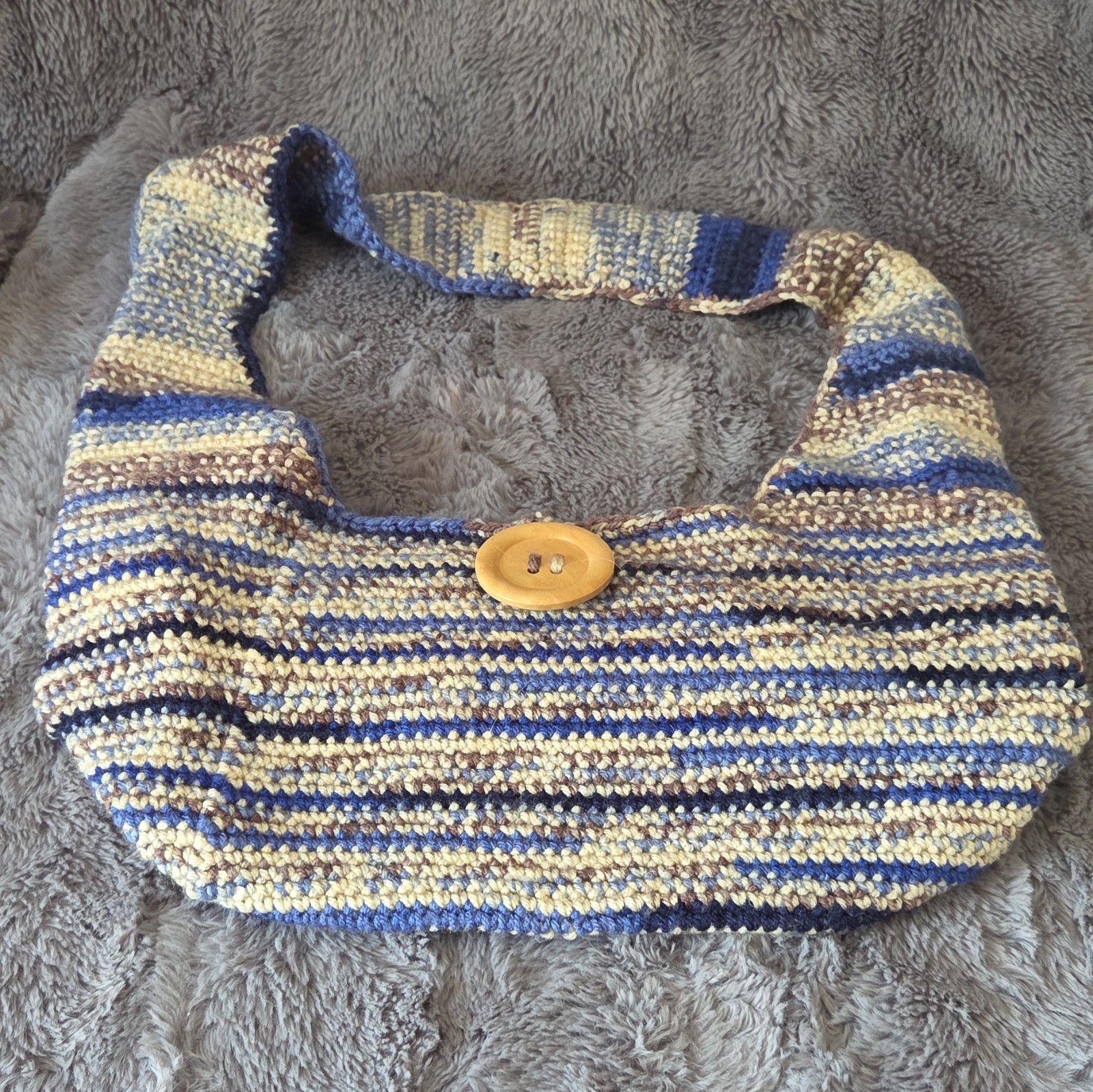 Womens Handmade Striped Shoulder Bag Blue Beige Button Closure Button Accent