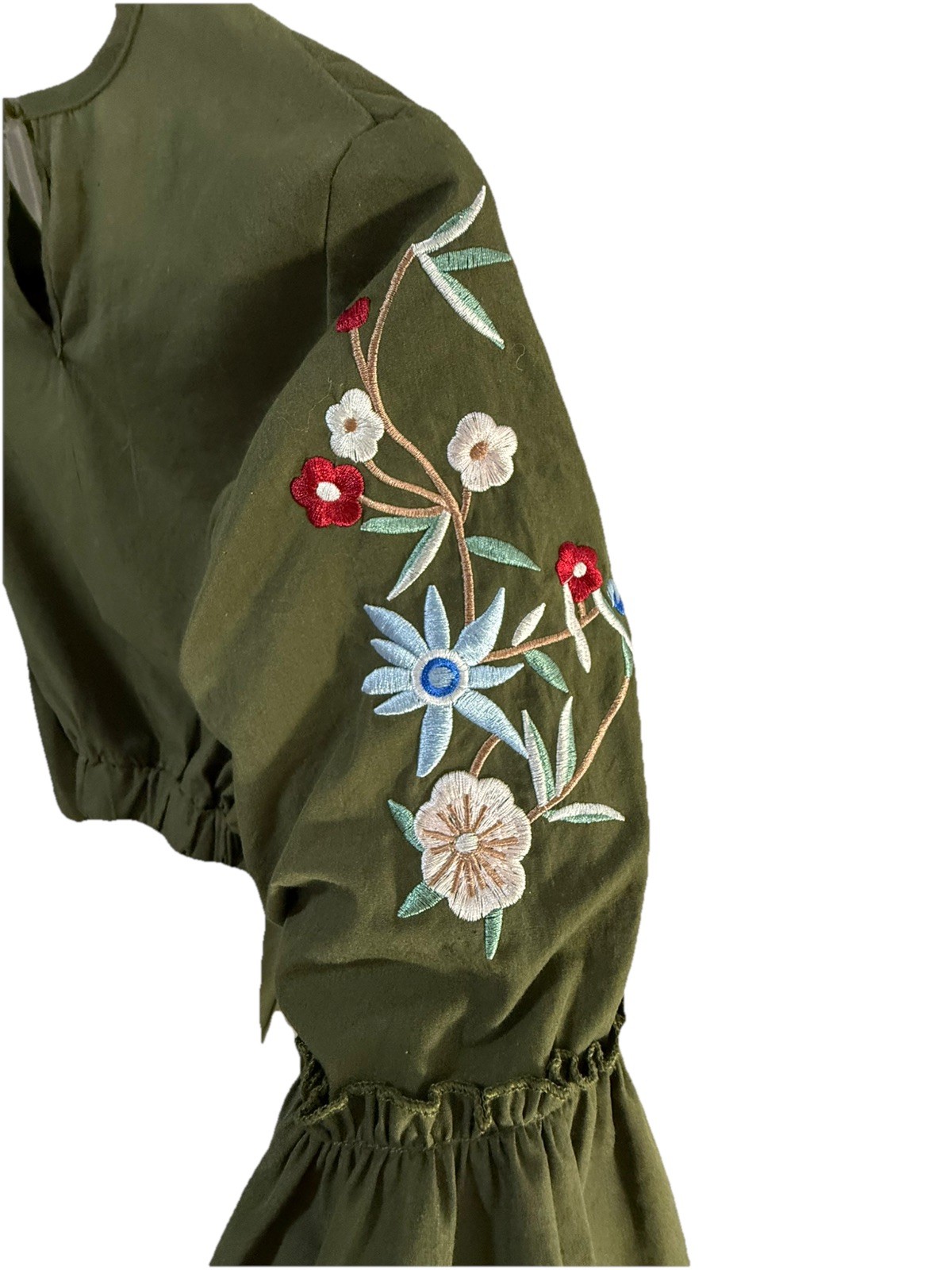 Roommates Gorgeous Embroidered M Olive Green Crop Top w/Bell Sleeves Boho Preppy