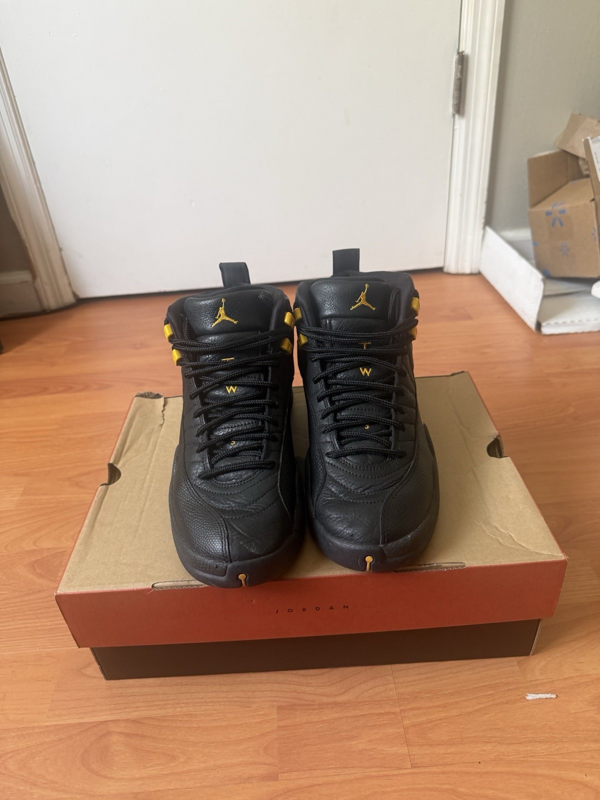 Jordan Air Jordan 12 Black/Yellow Solid High Top Lace-Up Basketball Sneakers