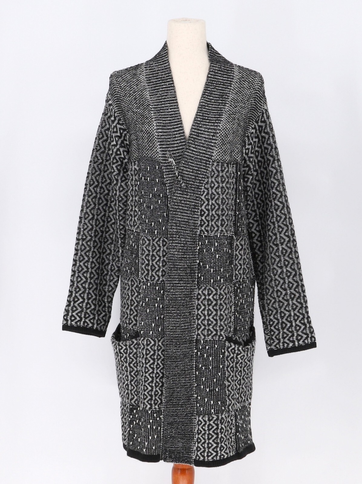 J. JILL Jacquard Knit Open Front Patchwork Long Cardigan Size M
