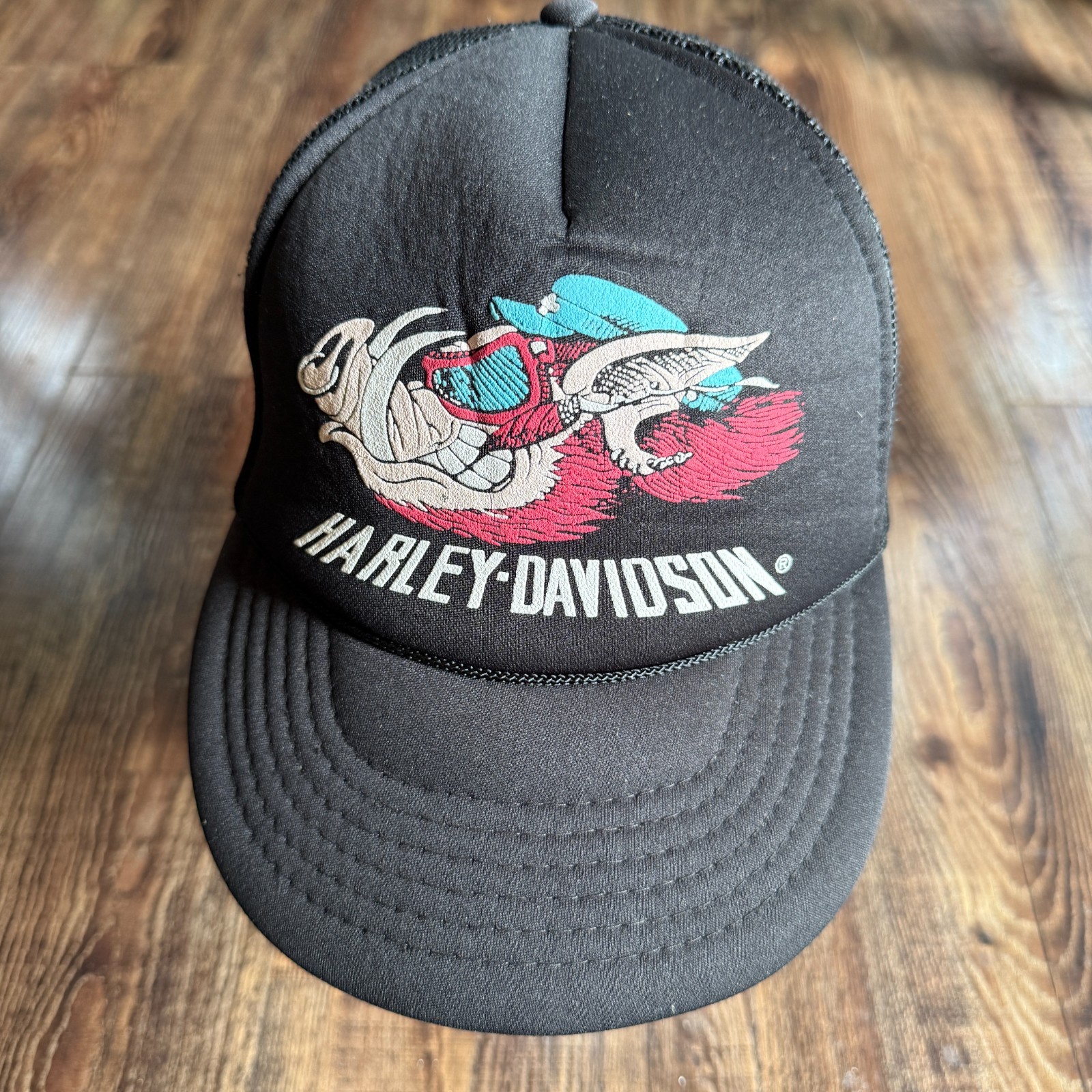 Vintage 80s Harley-Davidson Eagle Graphic Black Trucker Snapback Cap Hat USA