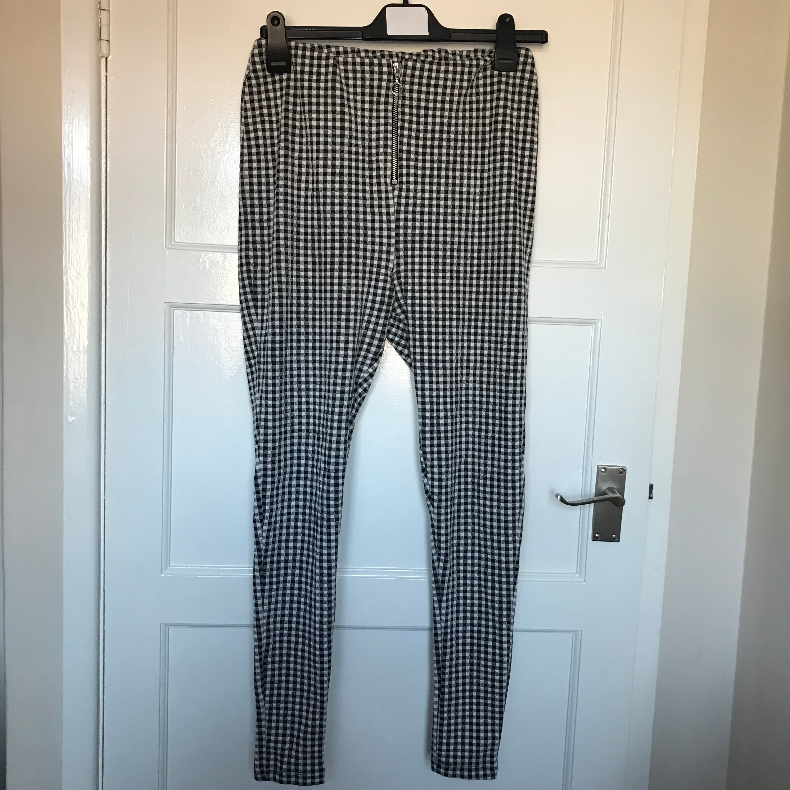Very Check Trousers Size 14 L27 Cotton Polyester Blend Black White High Waist